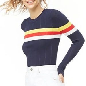 NWT Ribbed Multicolor Striped-Trim Long Sleeve Top